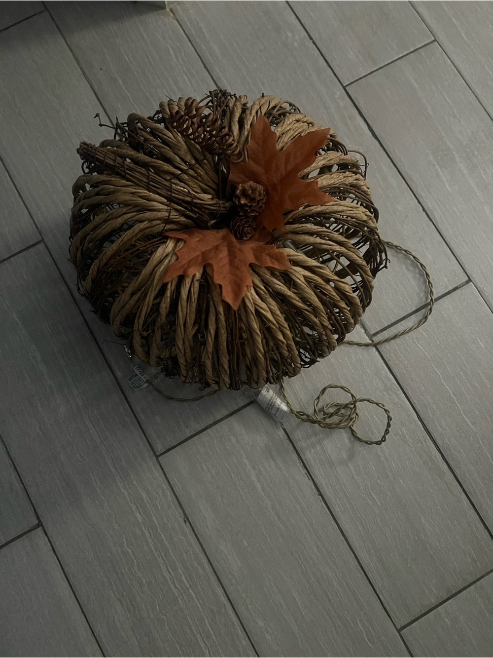 Autumn Woven Rattan Pumpkin Accent with Orange Leaves - Home Accents